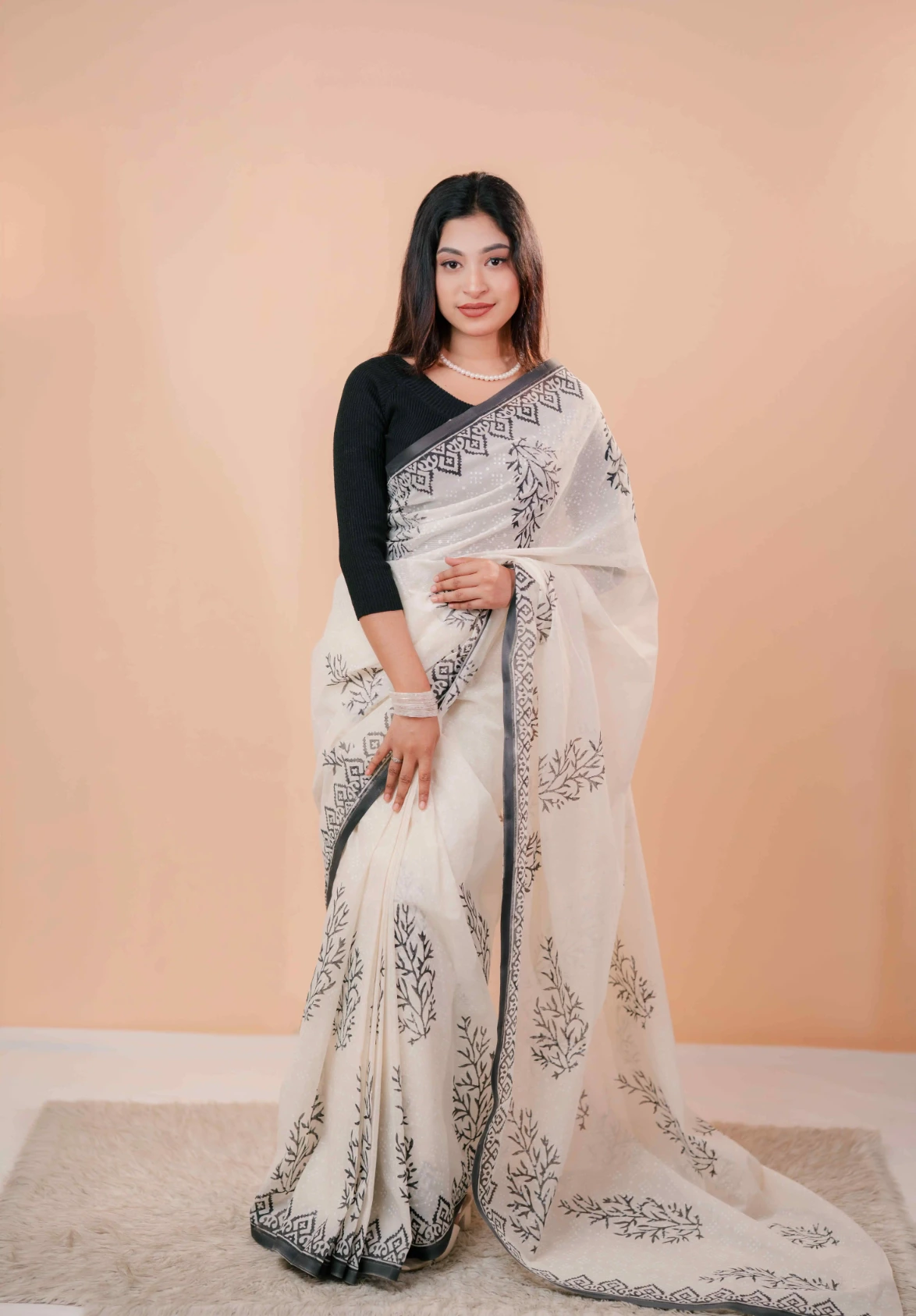 Premium 74/74 count cotton saree, Aarong-inspired traditional design, authentic hand-block and premium fabric, perfect for any occasion
