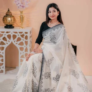 Premium 74/74 count cotton saree, Aarong-inspired traditional design, authentic hand-block and premium fabric, perfect for any occasion