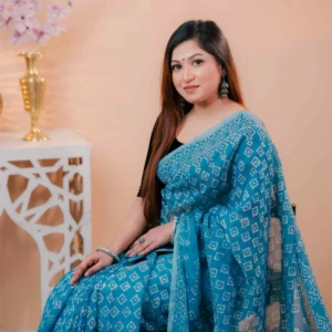 Premium 74/74 count cotton saree, Aarong-inspired traditional design, authentic hand-block and premium fabric, perfect for any occasion
