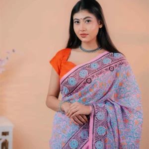 Premium 74/74 count cotton saree, Aarong-inspired traditional design, authentic hand-block and premium fabric, perfect for any occasion