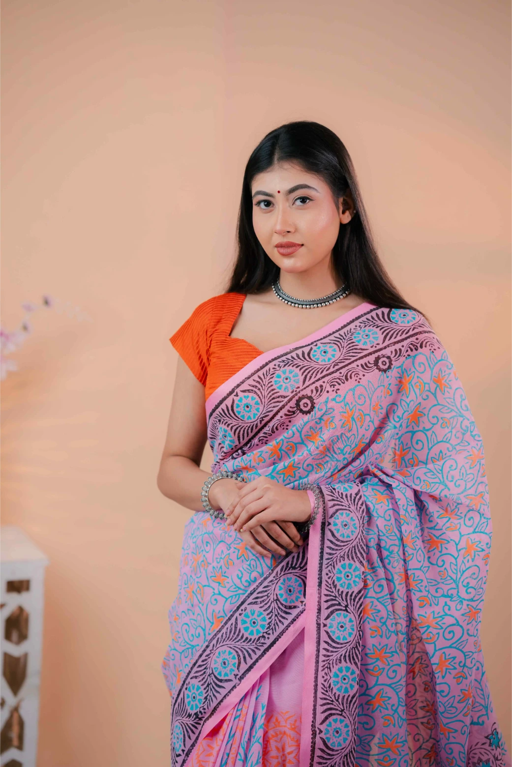 Premium 74/74 count cotton saree, Aarong-inspired traditional design, authentic hand-block and premium fabric, perfect for any occasion