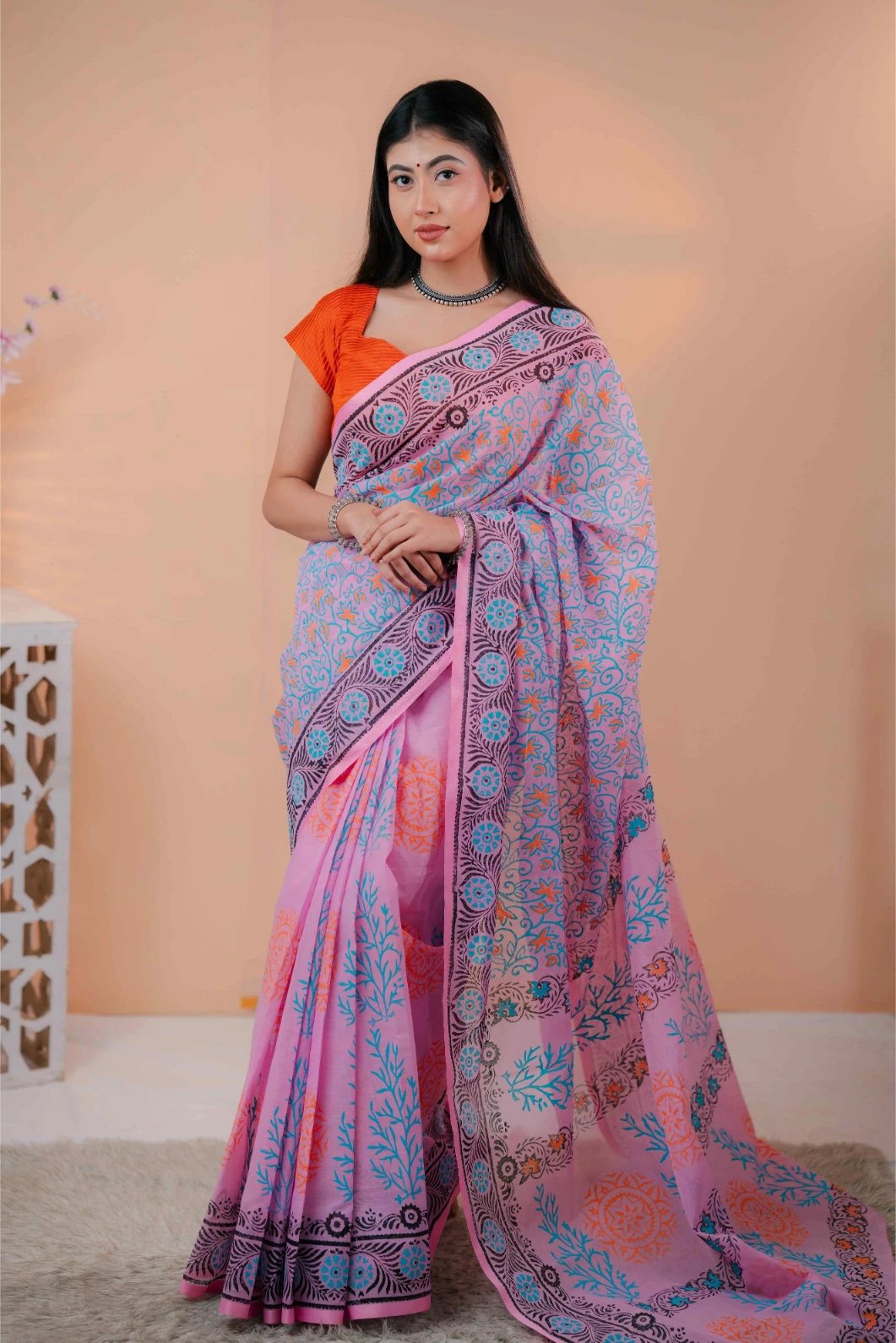 Premium 74/74 count cotton saree, Aarong-inspired traditional design, authentic hand-block and premium fabric, perfect for any occasion
