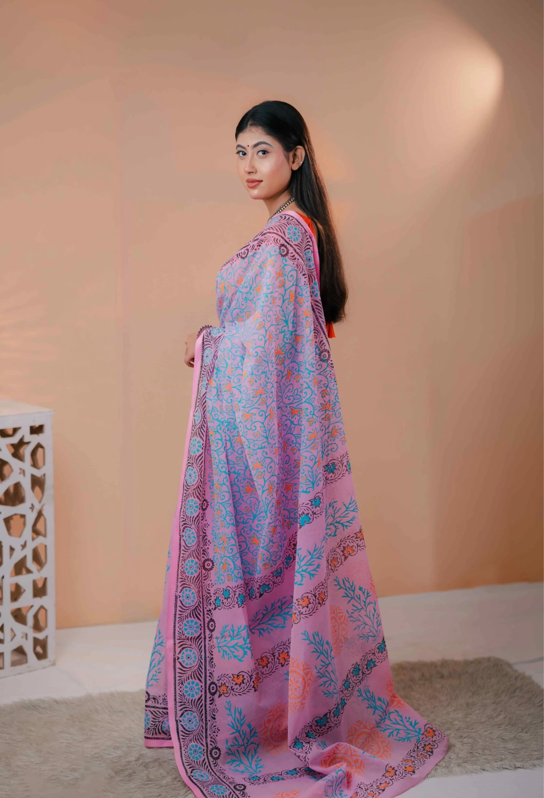 Premium 74/74 count cotton saree, Aarong-inspired traditional design, authentic hand-block and premium fabric, perfect for any occasion