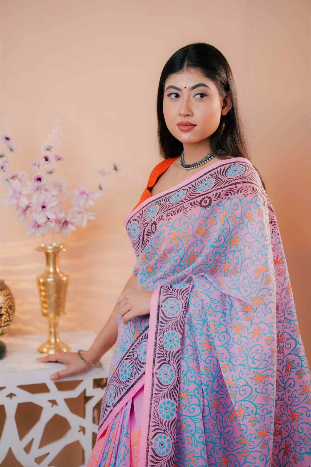 Premium 74/74 count cotton saree, Aarong-inspired traditional design, authentic hand-block and premium fabric, perfect for any occasion