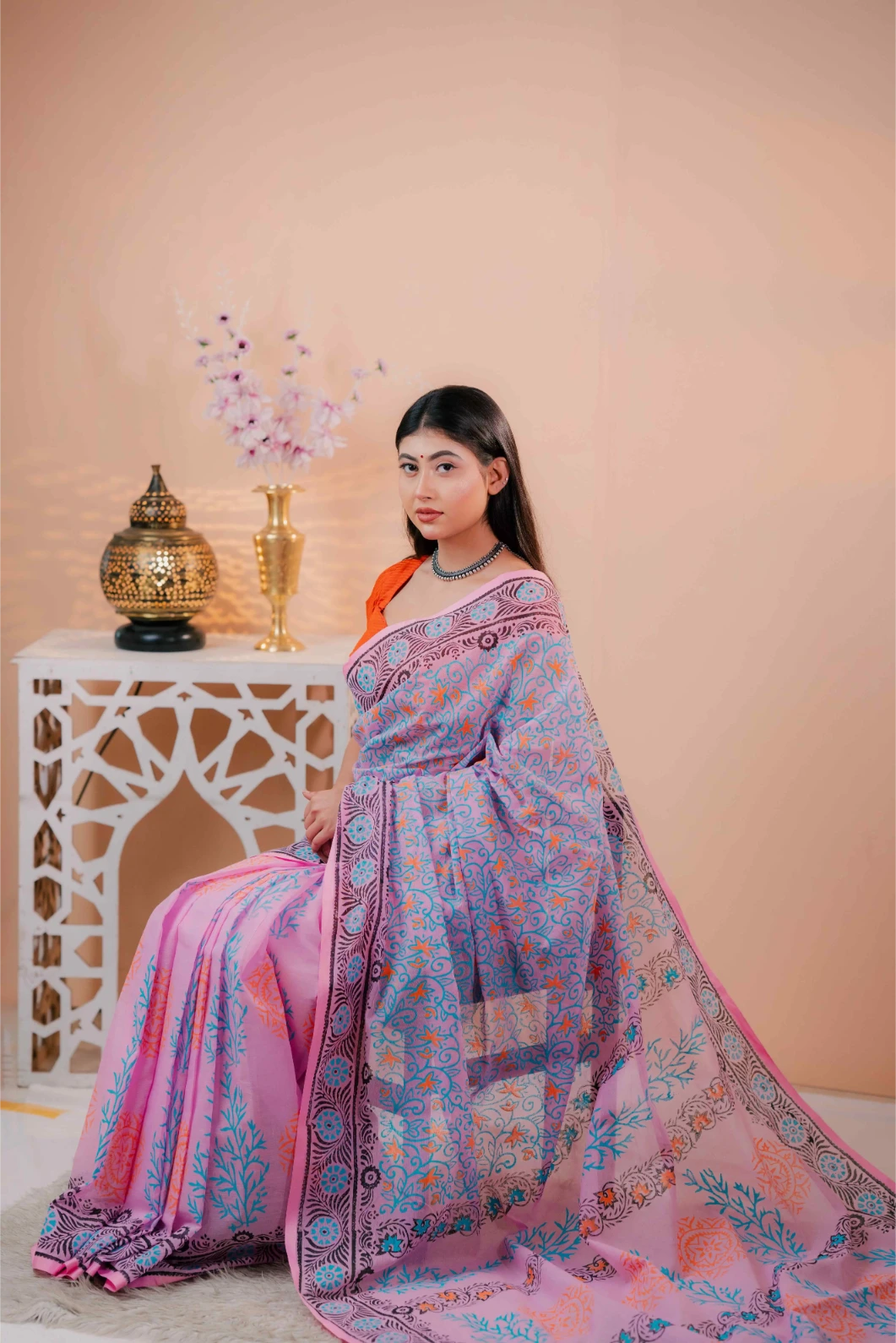 Premium 74/74 count cotton saree, Aarong-inspired traditional design, authentic hand-block and premium fabric, perfect for any occasion