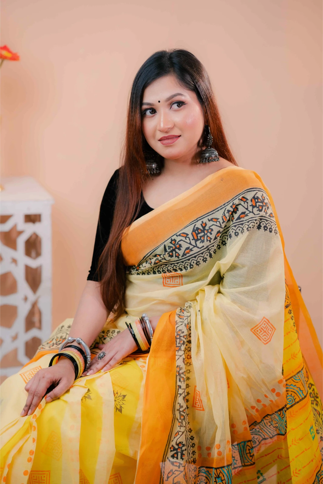 Premium 74/74 count cotton saree, Aarong-inspired traditional design, authentic hand-block and premium fabric, perfect for any occasion