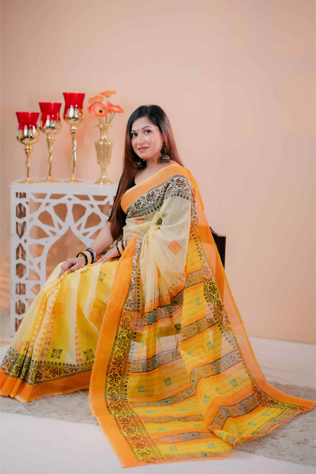 Premium 74/74 count cotton saree, Aarong-inspired traditional design, authentic hand-block and premium fabric, perfect for any occasion