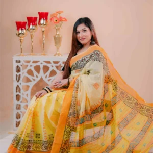 Premium 74/74 count cotton saree, Aarong-inspired traditional design, authentic hand-block and premium fabric, perfect for any occasion