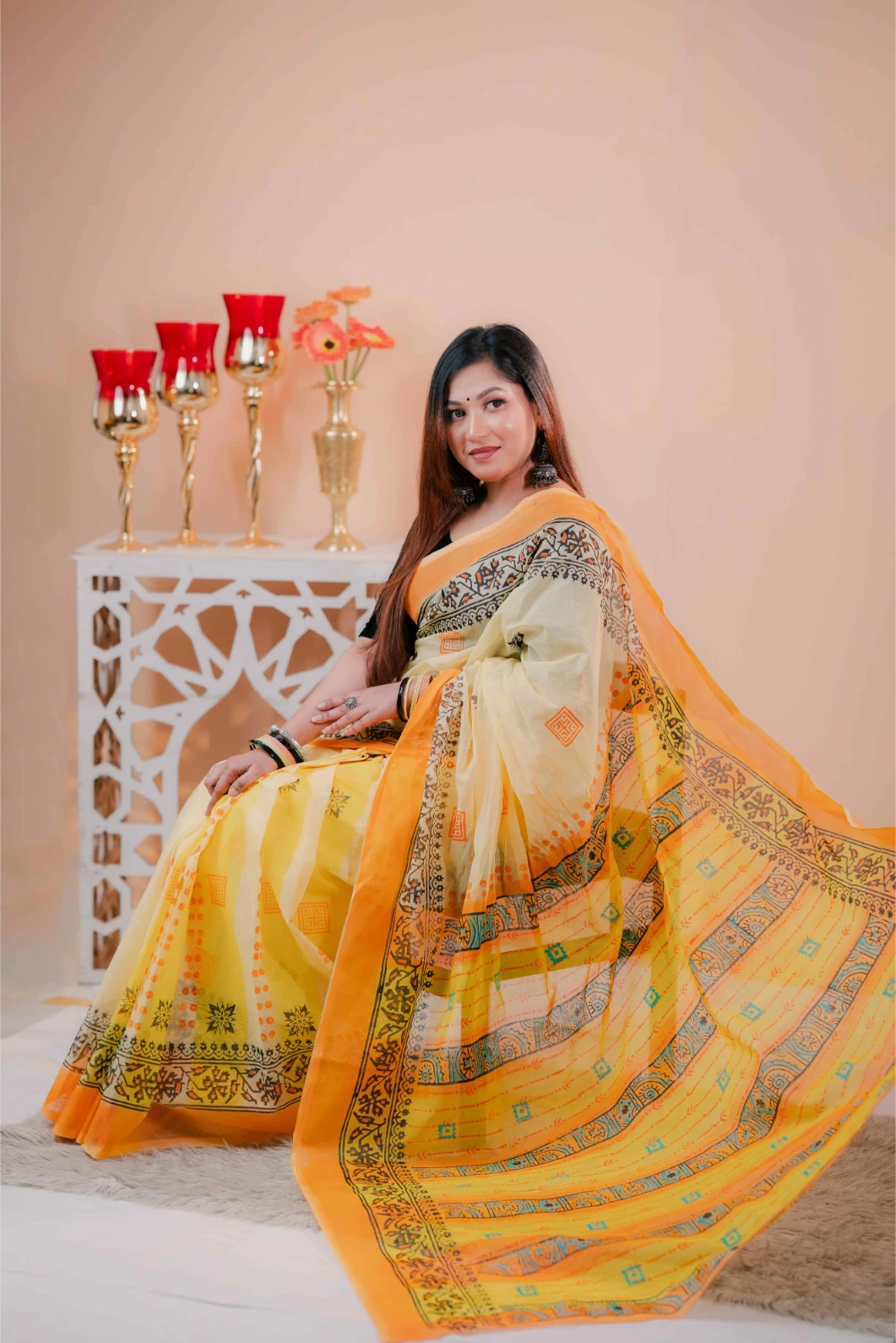 Premium 74/74 count cotton saree, Aarong-inspired traditional design, authentic hand-block and premium fabric, perfect for any occasion