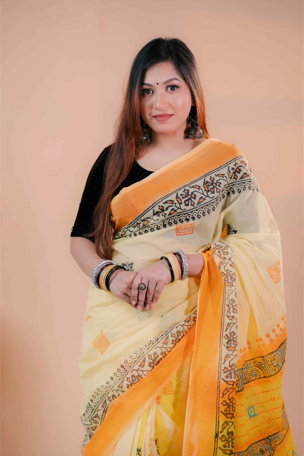 Premium 74/74 count cotton saree, Aarong-inspired traditional design, authentic hand-block and premium fabric, perfect for any occasion
