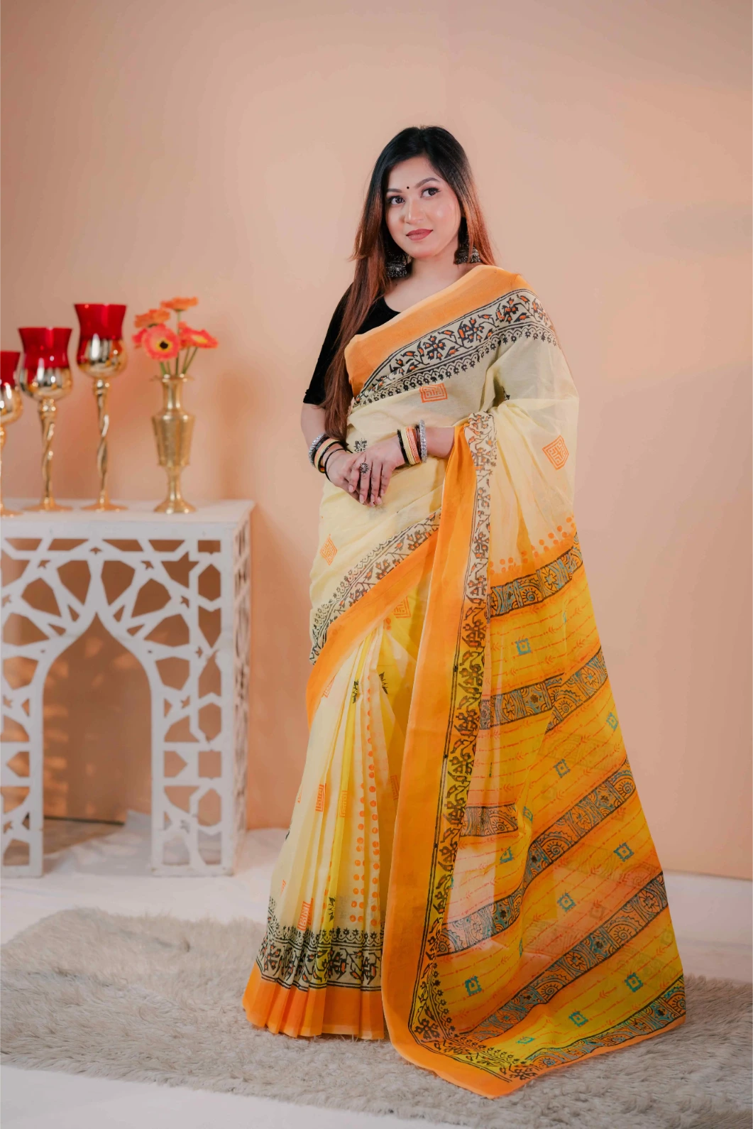 Premium 74/74 count cotton saree, Aarong-inspired traditional design, authentic hand-block and premium fabric, perfect for any occasion