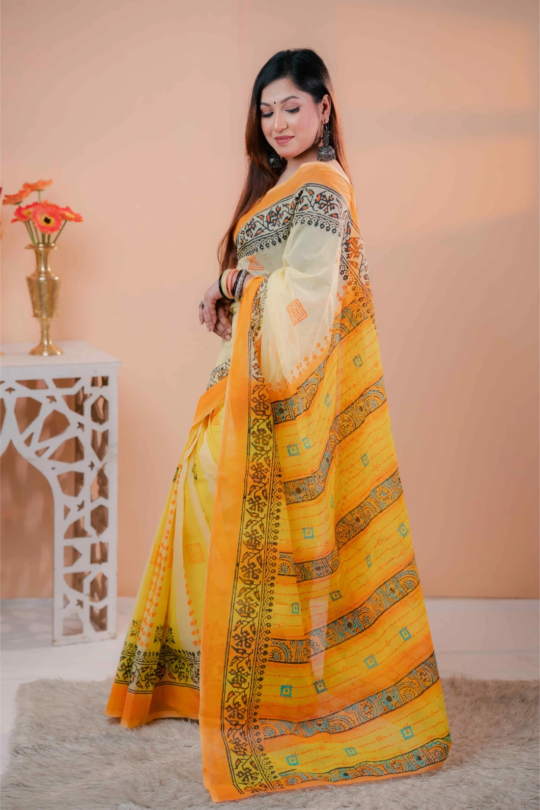 Premium 74/74 count cotton saree, Aarong-inspired traditional design, authentic hand-block and premium fabric, perfect for any occasion