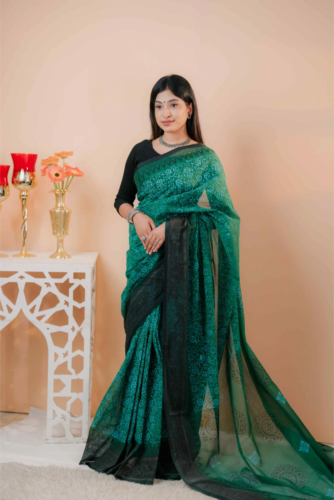 Premium 74/74 count cotton saree, Aarong-inspired traditional design, authentic hand-block and premium fabric, perfect for any occasion