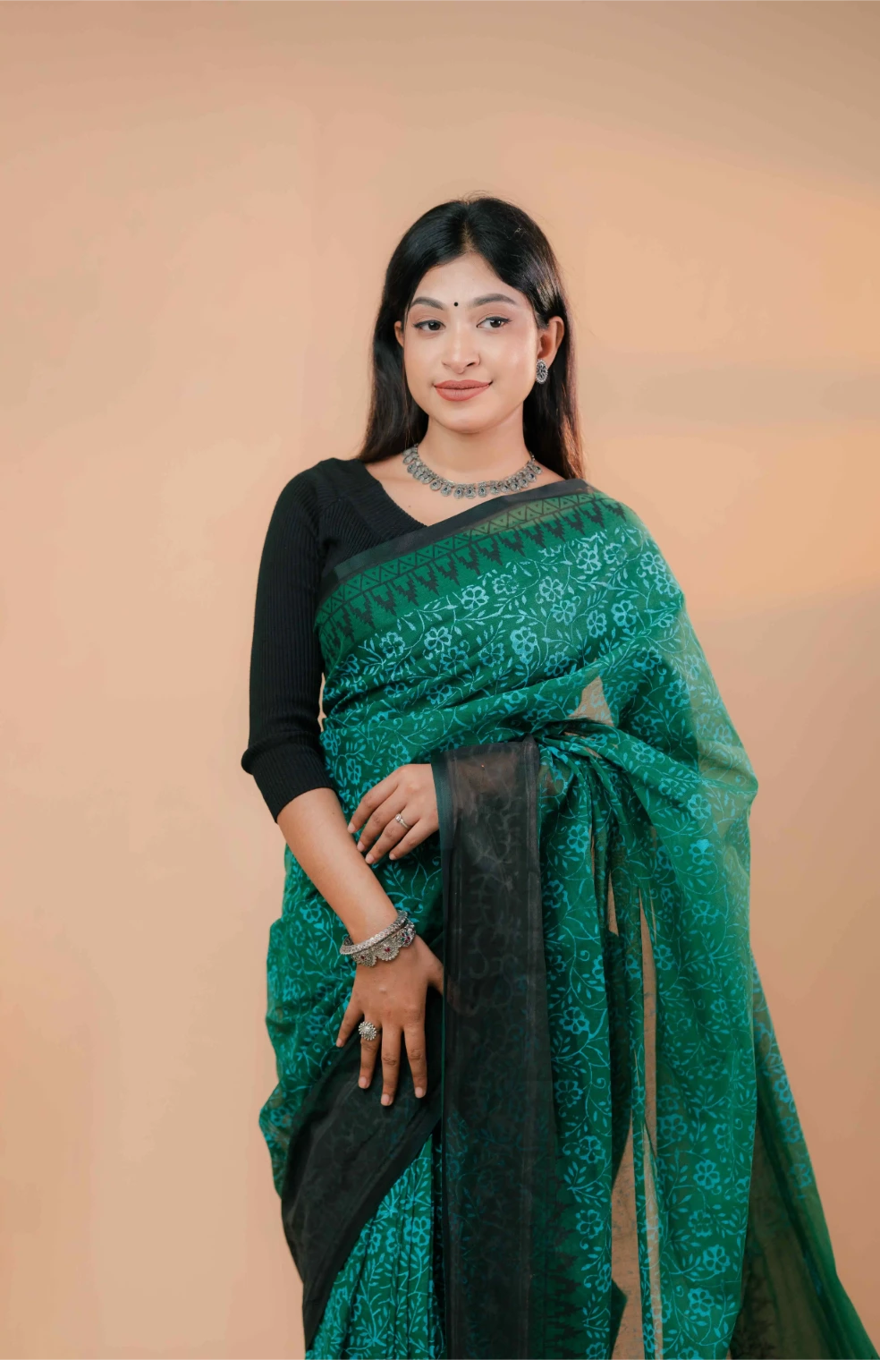 Premium 74/74 count cotton saree, Aarong-inspired traditional design, authentic hand-block and premium fabric, perfect for any occasion