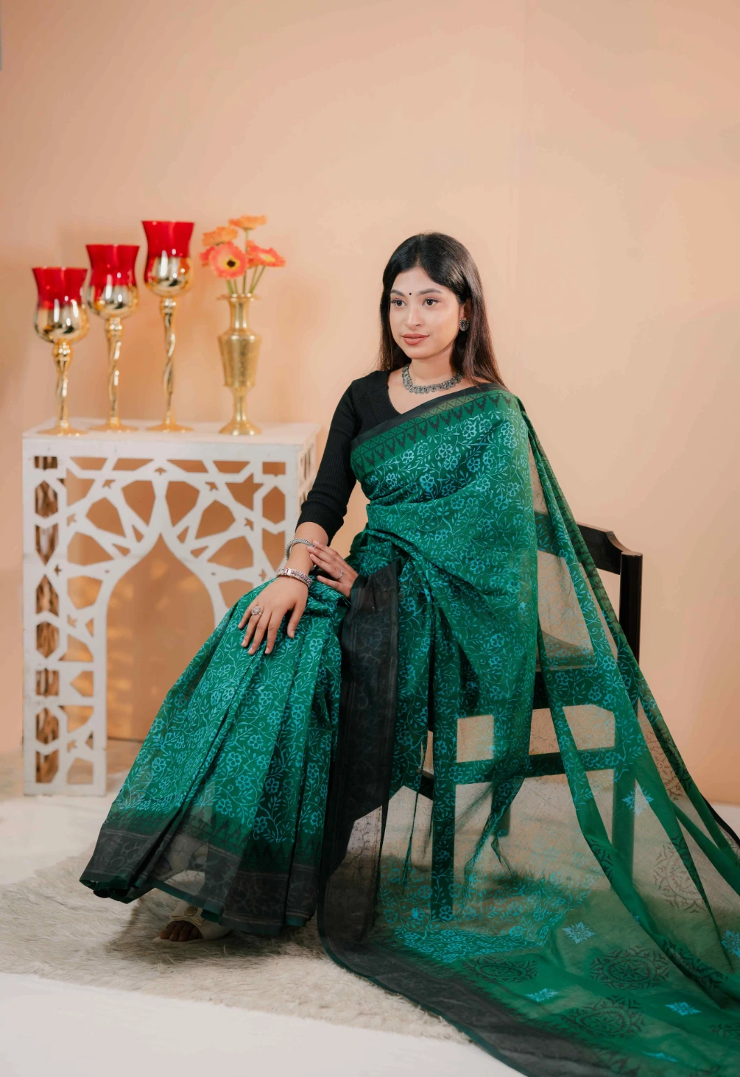 Premium 74/74 count cotton saree, Aarong-inspired traditional design, authentic hand-block and premium fabric, perfect for any occasion