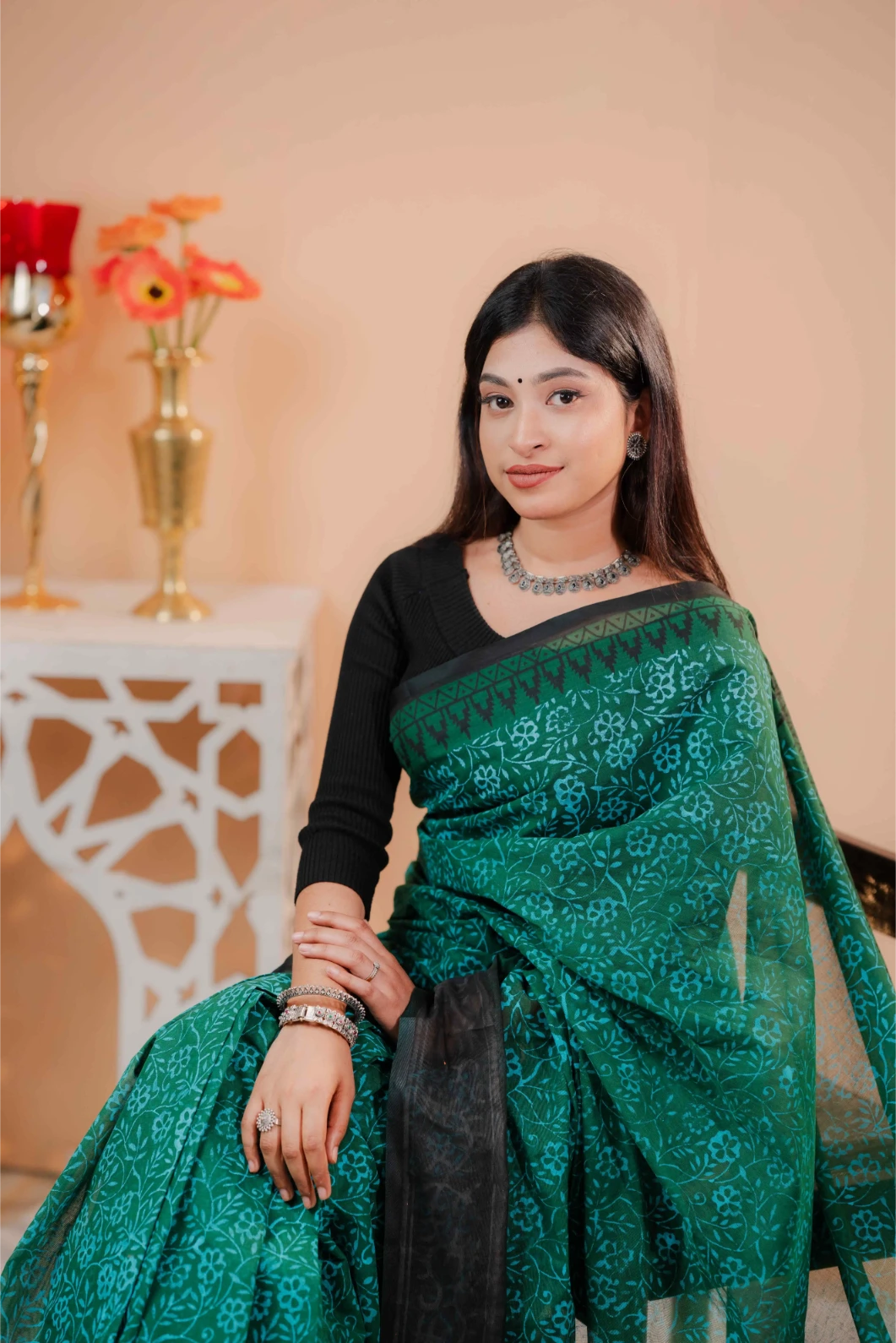 Premium 74/74 count cotton saree, Aarong-inspired traditional design, authentic hand-block and premium fabric, perfect for any occasion