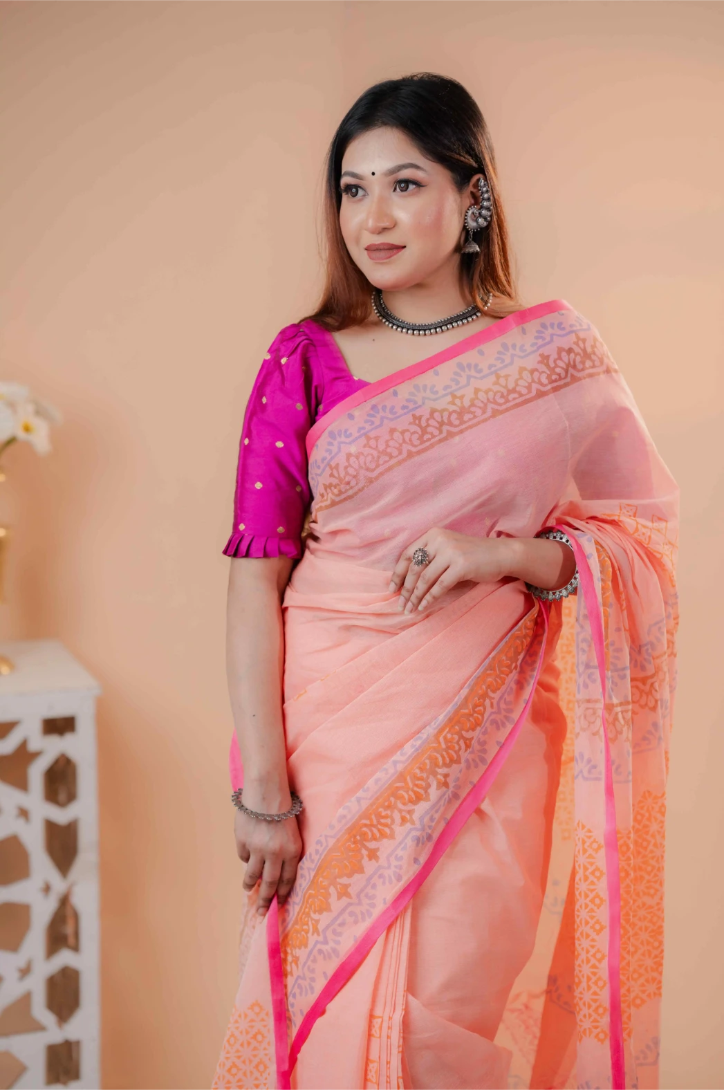 Premium 74/74 count cotton saree, Aarong-inspired traditional design, authentic hand-block and premium fabric, perfect for any occasion