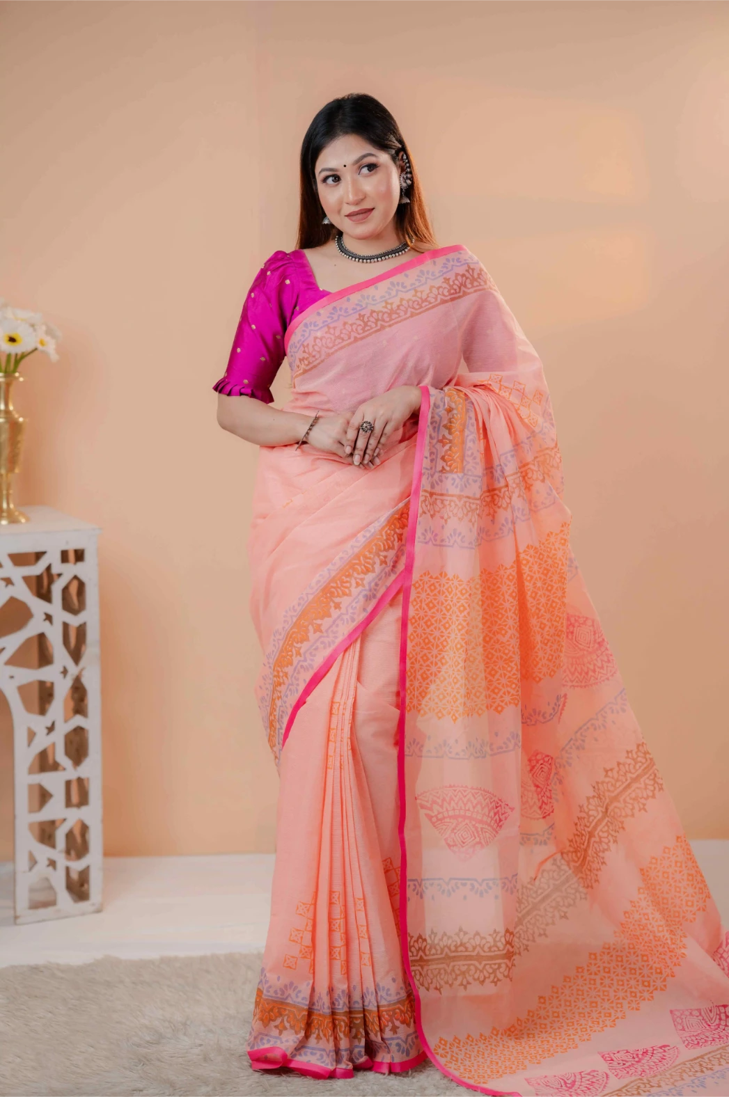 Premium 74/74 count cotton saree, Aarong-inspired traditional design, authentic hand-block and premium fabric, perfect for any occasion