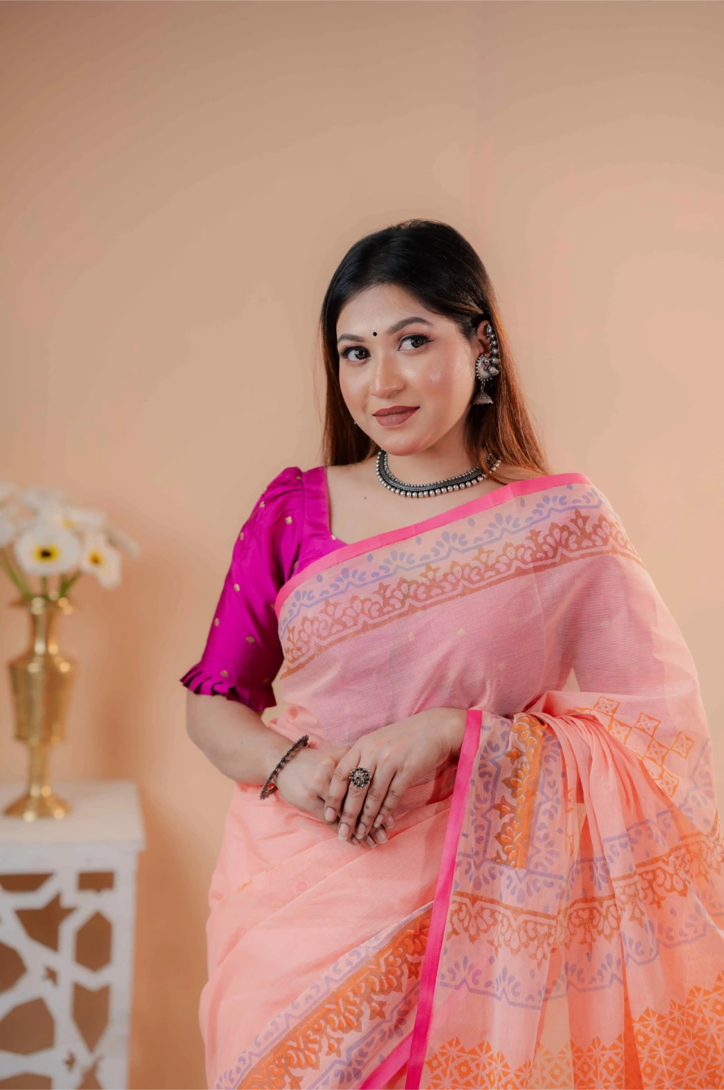Premium 74/74 count cotton saree, Aarong-inspired traditional design, authentic hand-block and premium fabric, perfect for any occasion