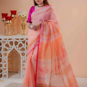 Premium 74/74 count cotton saree, Aarong-inspired traditional design, authentic hand-block and premium fabric, perfect for any occasion