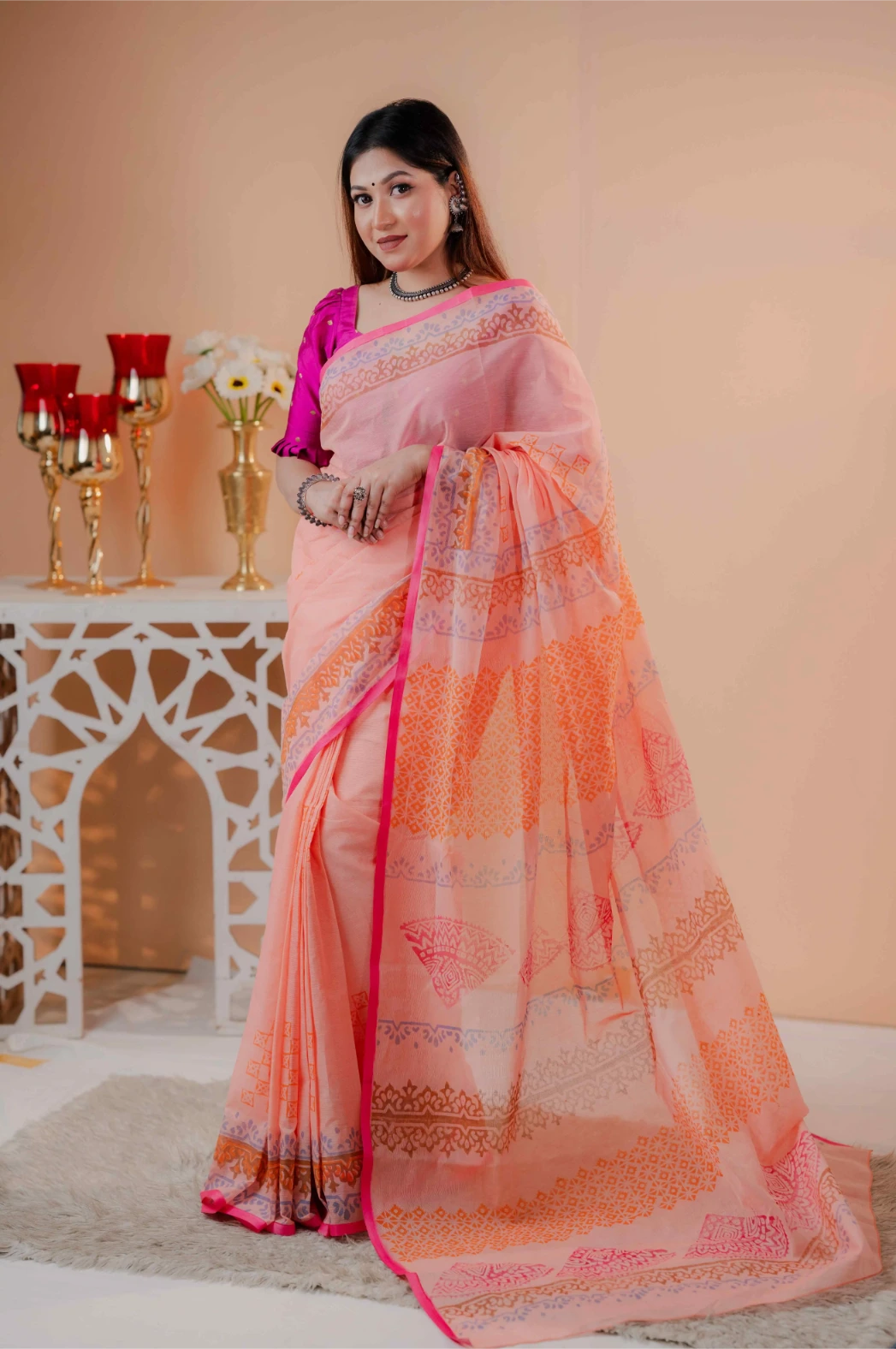 Premium 74/74 count cotton saree, Aarong-inspired traditional design, authentic hand-block and premium fabric, perfect for any occasion