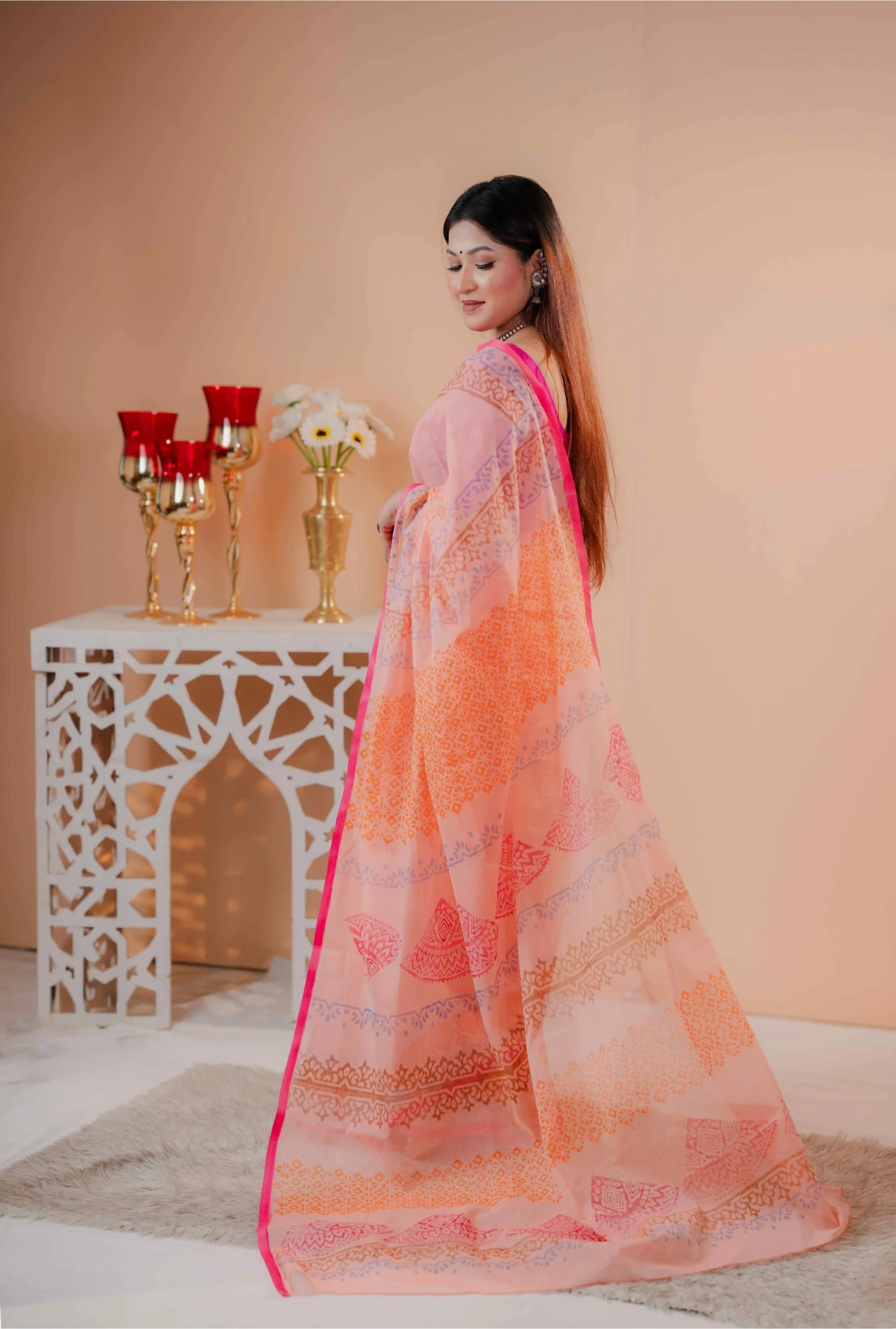 Premium 74/74 count cotton saree, Aarong-inspired traditional design, authentic hand-block and premium fabric, perfect for any occasion