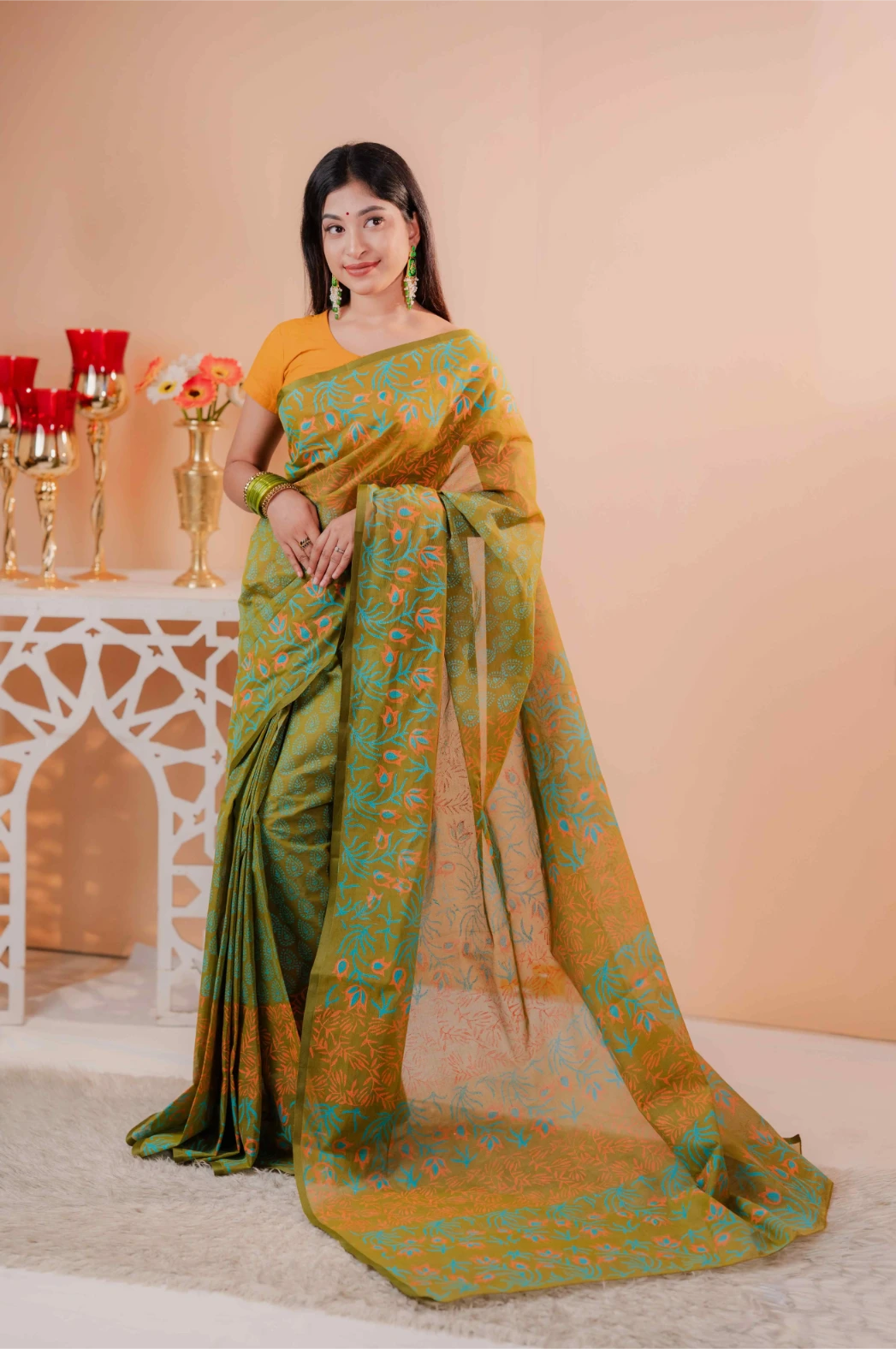 Premium 74/74 count cotton saree, Aarong-inspired traditional design, authentic hand-block and premium fabric, perfect for any occasion